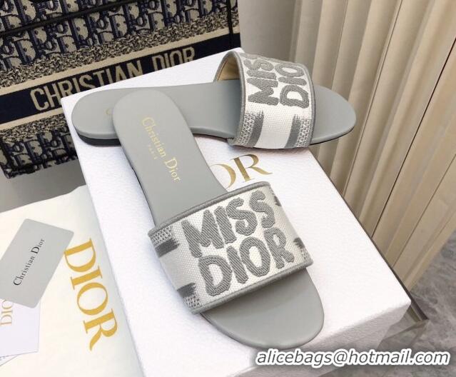 Best Price Dior Dway Flat Slides Sandal in Embroidered Cotton and Miss Dior Motif Grey 814015