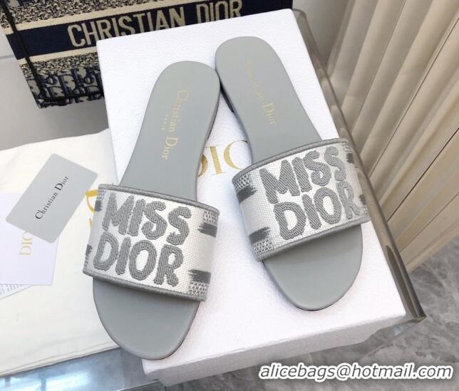 Best Price Dior Dway Flat Slides Sandal in Embroidered Cotton and Miss Dior Motif Grey 814015