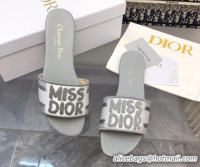 Best Price Dior Dway Flat Slides Sandal in Embroidered Cotton and Miss Dior Motif Grey 814015