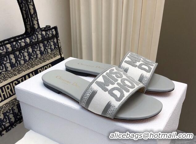 Best Price Dior Dway Flat Slides Sandal in Embroidered Cotton and Miss Dior Motif Grey 814015