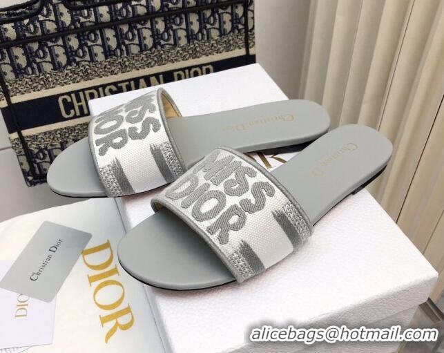 Best Price Dior Dway Flat Slides Sandal in Embroidered Cotton and Miss Dior Motif Grey 814015