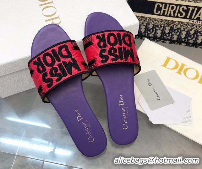 Purchase Dior Dway Flat Slides Sandal in Embroidered Cotton and Miss Dior Motif Pink/Purple 814016