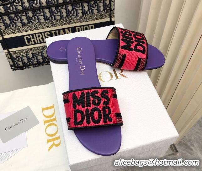 Purchase Dior Dway Flat Slides Sandal in Embroidered Cotton and Miss Dior Motif Pink/Purple 814016