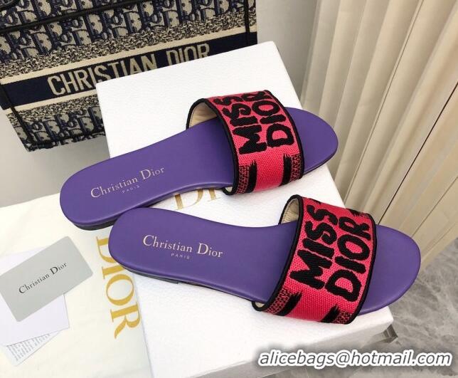 Purchase Dior Dway Flat Slides Sandal in Embroidered Cotton and Miss Dior Motif Pink/Purple 814016