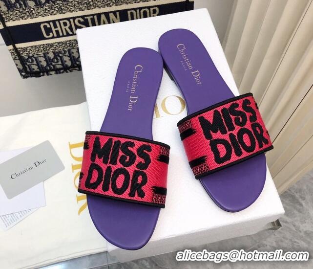 Purchase Dior Dway Flat Slides Sandal in Embroidered Cotton and Miss Dior Motif Pink/Purple 814016