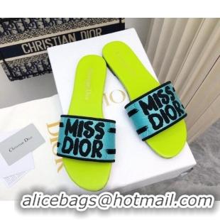 Good Quality Dior Dway Flat Slides Sandal in Embroidered Cotton and Miss Dior Motif Green/Blue 814017