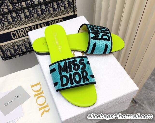 Good Quality Dior Dway Flat Slides Sandal in Embroidered Cotton and Miss Dior Motif Green/Blue 814017