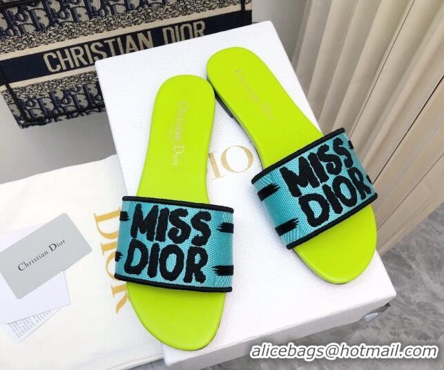 Good Quality Dior Dway Flat Slides Sandal in Embroidered Cotton and Miss Dior Motif Green/Blue 814017