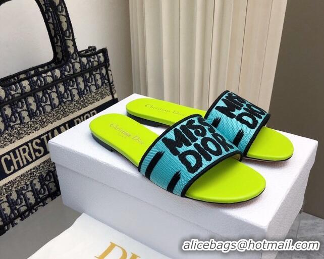 Good Quality Dior Dway Flat Slides Sandal in Embroidered Cotton and Miss Dior Motif Green/Blue 814017