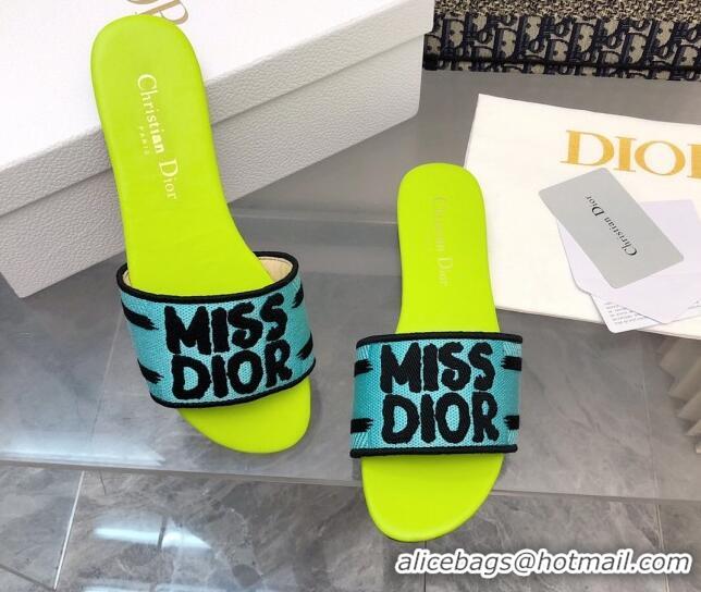 Good Quality Dior Dway Flat Slides Sandal in Embroidered Cotton and Miss Dior Motif Green/Blue 814017