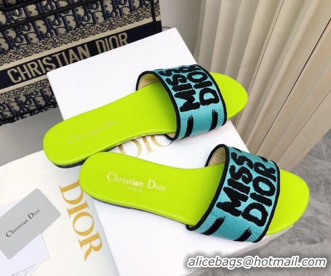 Good Quality Dior Dway Flat Slides Sandal in Embroidered Cotton and Miss Dior Motif Green/Blue 814017