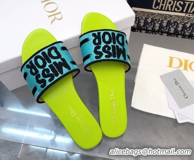 Good Quality Dior Dway Flat Slides Sandal in Embroidered Cotton and Miss Dior Motif Green/Blue 814017