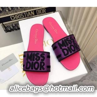 Best Grade Dior Dway Flat Slides Sandal in Embroidered Cotton and Miss Dior Motif Pink/Purple 814018