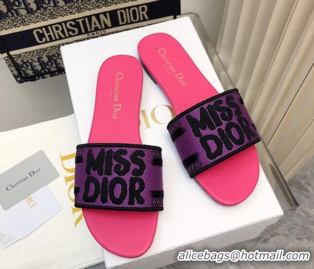 Best Grade Dior Dway Flat Slides Sandal in Embroidered Cotton and Miss Dior Motif Pink/Purple 814018