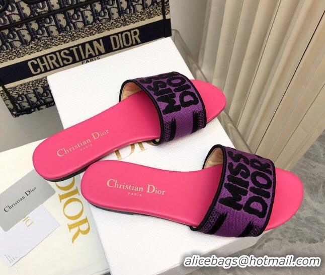 Best Grade Dior Dway Flat Slides Sandal in Embroidered Cotton and Miss Dior Motif Pink/Purple 814018