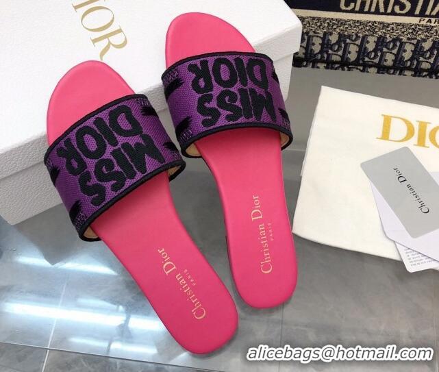 Best Grade Dior Dway Flat Slides Sandal in Embroidered Cotton and Miss Dior Motif Pink/Purple 814018