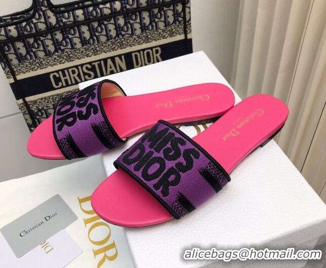 Best Grade Dior Dway Flat Slides Sandal in Embroidered Cotton and Miss Dior Motif Pink/Purple 814018