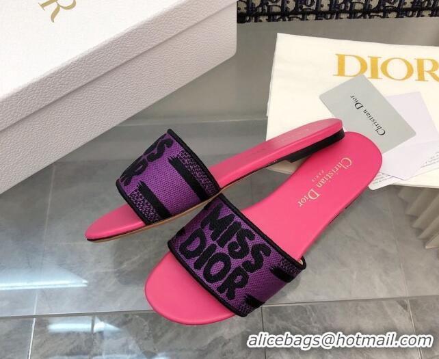 Best Grade Dior Dway Flat Slides Sandal in Embroidered Cotton and Miss Dior Motif Pink/Purple 814018