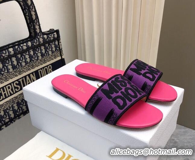 Best Grade Dior Dway Flat Slides Sandal in Embroidered Cotton and Miss Dior Motif Pink/Purple 814018