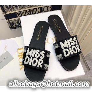 Pretty Style Dior Dway Flat Slides Sandal in Embroidered Cotton and Miss Dior Motif Black 814019