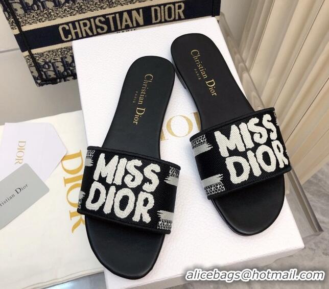 Pretty Style Dior Dway Flat Slides Sandal in Embroidered Cotton and Miss Dior Motif Black 814019