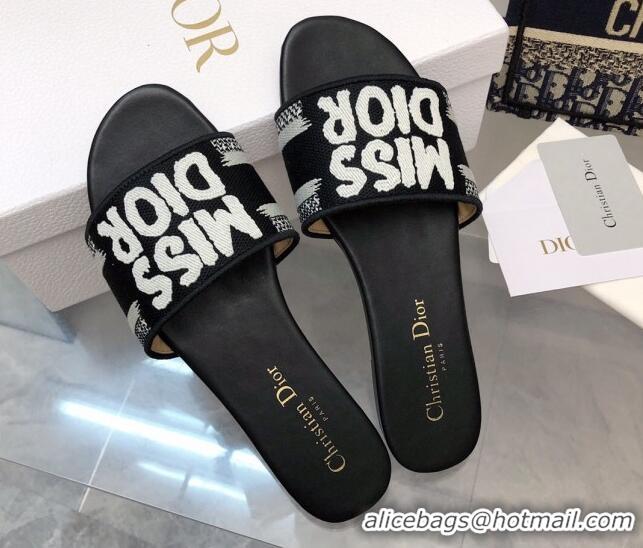 Pretty Style Dior Dway Flat Slides Sandal in Embroidered Cotton and Miss Dior Motif Black 814019