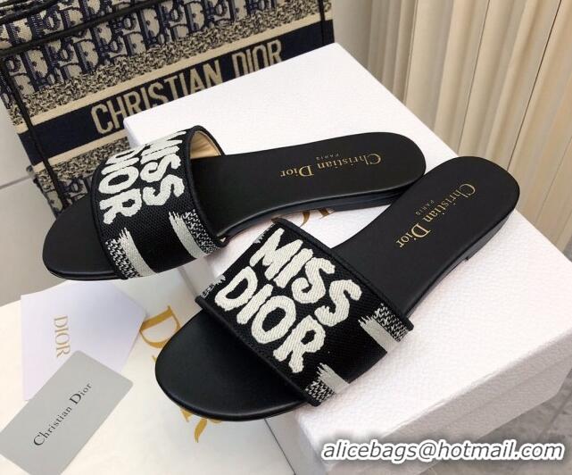 Pretty Style Dior Dway Flat Slides Sandal in Embroidered Cotton and Miss Dior Motif Black 814019