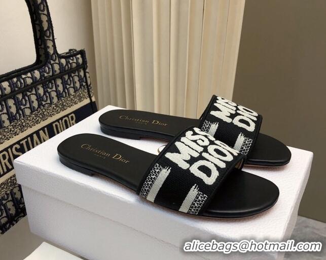 Pretty Style Dior Dway Flat Slides Sandal in Embroidered Cotton and Miss Dior Motif Black 814019