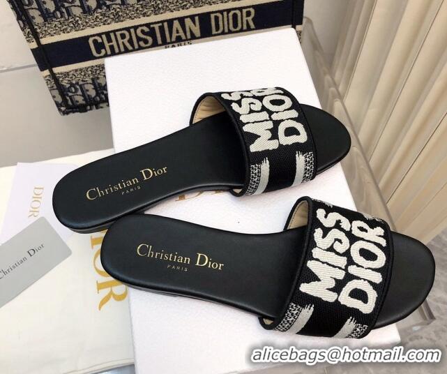 Pretty Style Dior Dway Flat Slides Sandal in Embroidered Cotton and Miss Dior Motif Black 814019