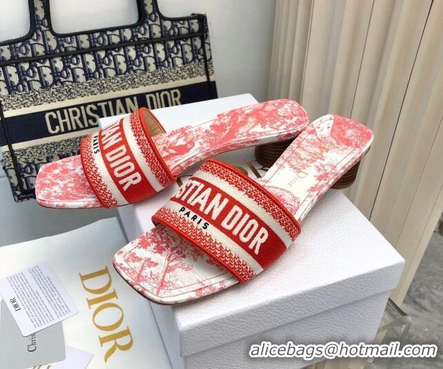 Stylish Dior Dway Heel Slides Sandal 3.5cm in Embroidered Cotton and Toile de Jouy Sauvage Motif Red 814022