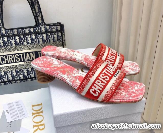 Stylish Dior Dway Heel Slides Sandal 3.5cm in Embroidered Cotton and Toile de Jouy Sauvage Motif Red 814022