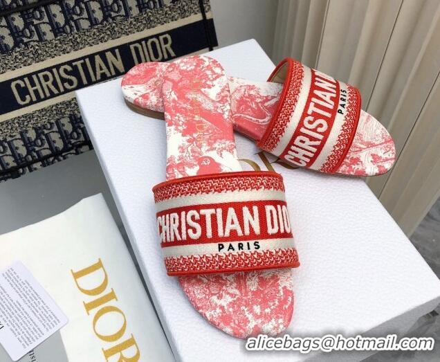 Most Popular Dior Dway Flat Slides Sandal in Embroidered Cotton and Toile de Jouy Sauvage Motif Red 814023