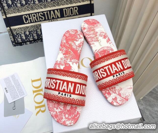 Most Popular Dior Dway Flat Slides Sandal in Embroidered Cotton and Toile de Jouy Sauvage Motif Red 814023