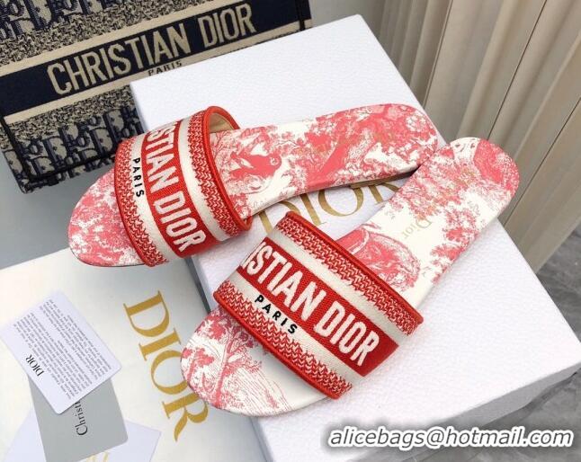 Most Popular Dior Dway Flat Slides Sandal in Embroidered Cotton and Toile de Jouy Sauvage Motif Red 814023