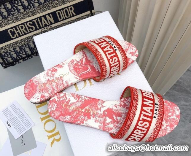 Most Popular Dior Dway Flat Slides Sandal in Embroidered Cotton and Toile de Jouy Sauvage Motif Red 814023