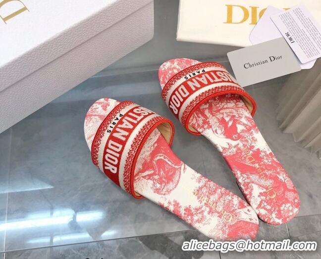 Most Popular Dior Dway Flat Slides Sandal in Embroidered Cotton and Toile de Jouy Sauvage Motif Red 814023