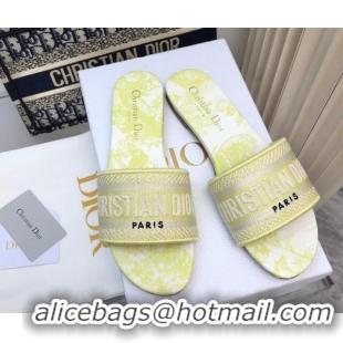 Lower Price Dior Dway Flat Slides Sandal in Embroidered Cotton and Toile de Jouy Sauvage Motif Lemon Yellow 814024