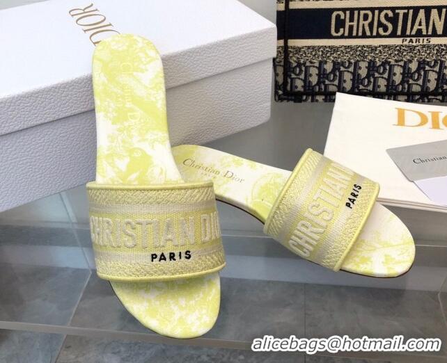 Lower Price Dior Dway Flat Slides Sandal in Embroidered Cotton and Toile de Jouy Sauvage Motif Lemon Yellow 814024