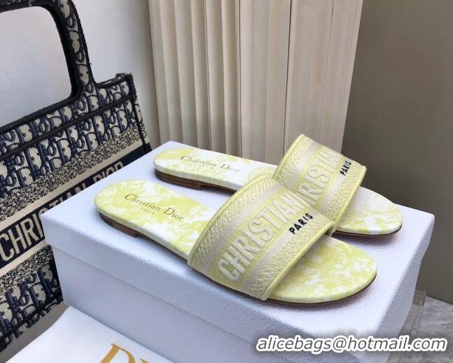 Lower Price Dior Dway Flat Slides Sandal in Embroidered Cotton and Toile de Jouy Sauvage Motif Lemon Yellow 814024