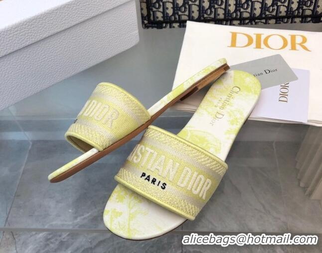 Lower Price Dior Dway Flat Slides Sandal in Embroidered Cotton and Toile de Jouy Sauvage Motif Lemon Yellow 814024