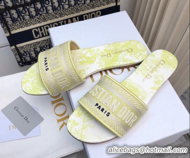 Lower Price Dior Dway Flat Slides Sandal in Embroidered Cotton and Toile de Jouy Sauvage Motif Lemon Yellow 814024