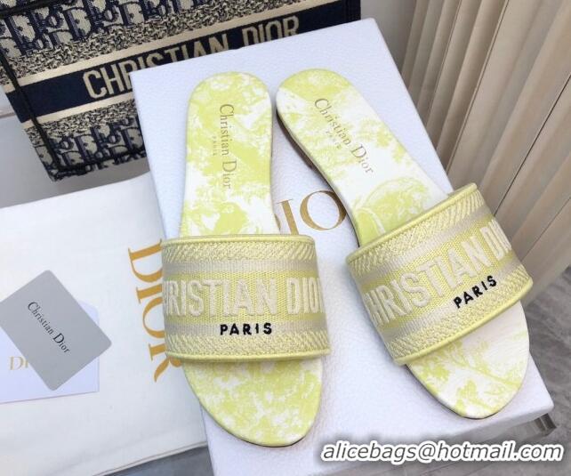 Lower Price Dior Dway Flat Slides Sandal in Embroidered Cotton and Toile de Jouy Sauvage Motif Lemon Yellow 814024