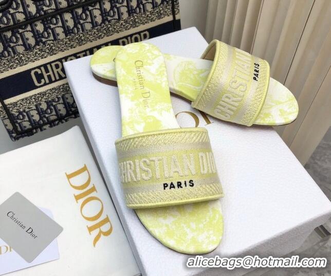 Lower Price Dior Dway Flat Slides Sandal in Embroidered Cotton and Toile de Jouy Sauvage Motif Lemon Yellow 814024