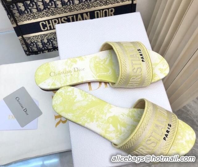 Lower Price Dior Dway Flat Slides Sandal in Embroidered Cotton and Toile de Jouy Sauvage Motif Lemon Yellow 814024