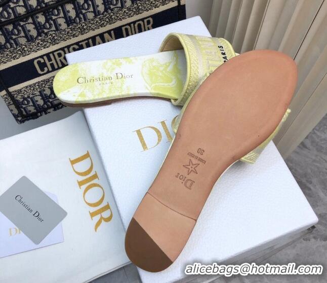 Lower Price Dior Dway Flat Slides Sandal in Embroidered Cotton and Toile de Jouy Sauvage Motif Lemon Yellow 814024