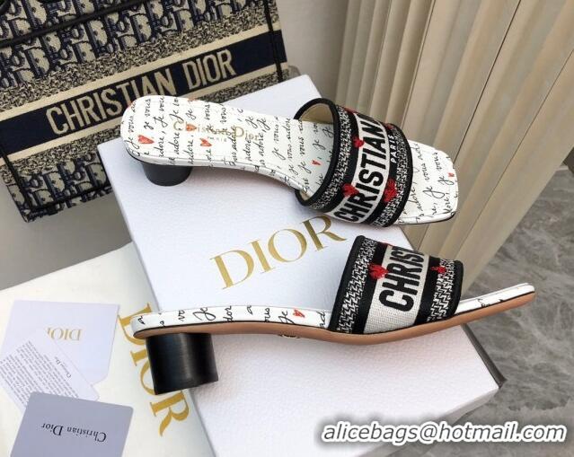 Buy Luxury Dior Dioramour Dway Heel Slides Sandal 3.5cm in Black and White Embroidered Cotton with Heart Je Vous Adore M