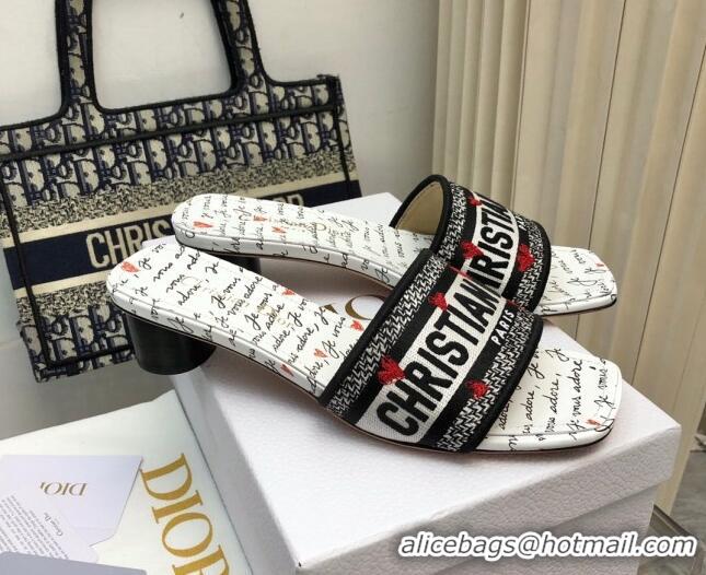 Buy Luxury Dior Dioramour Dway Heel Slides Sandal 3.5cm in Black and White Embroidered Cotton with Heart Je Vous Adore M