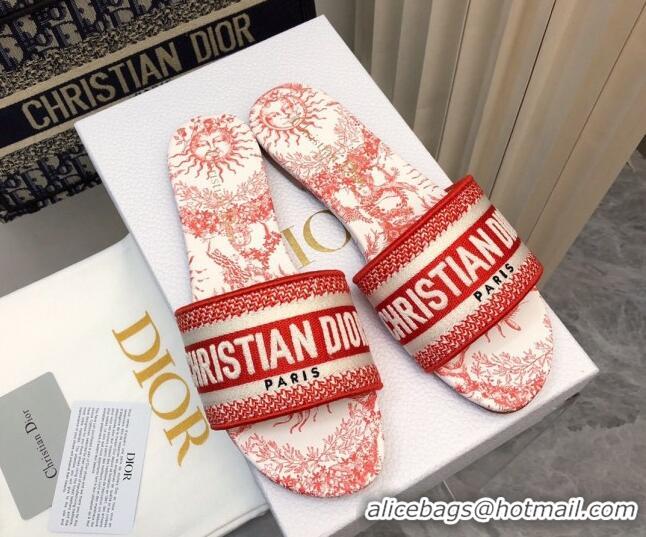 Sumptuous Dior Dway Flat Slide Sandals in Embroidered Cotton and Red Toile de Jouy Soleil Motif 814027