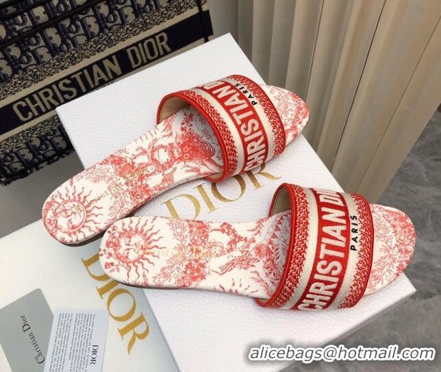 Sumptuous Dior Dway Flat Slide Sandals in Embroidered Cotton and Red Toile de Jouy Soleil Motif 814027