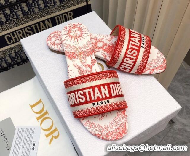 Sumptuous Dior Dway Flat Slide Sandals in Embroidered Cotton and Red Toile de Jouy Soleil Motif 814027